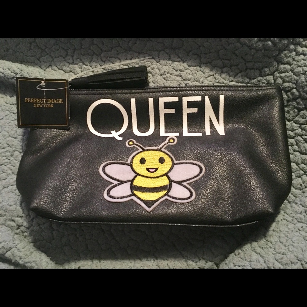 Black Embroidered Queen Bee Large Cosmetic Bag